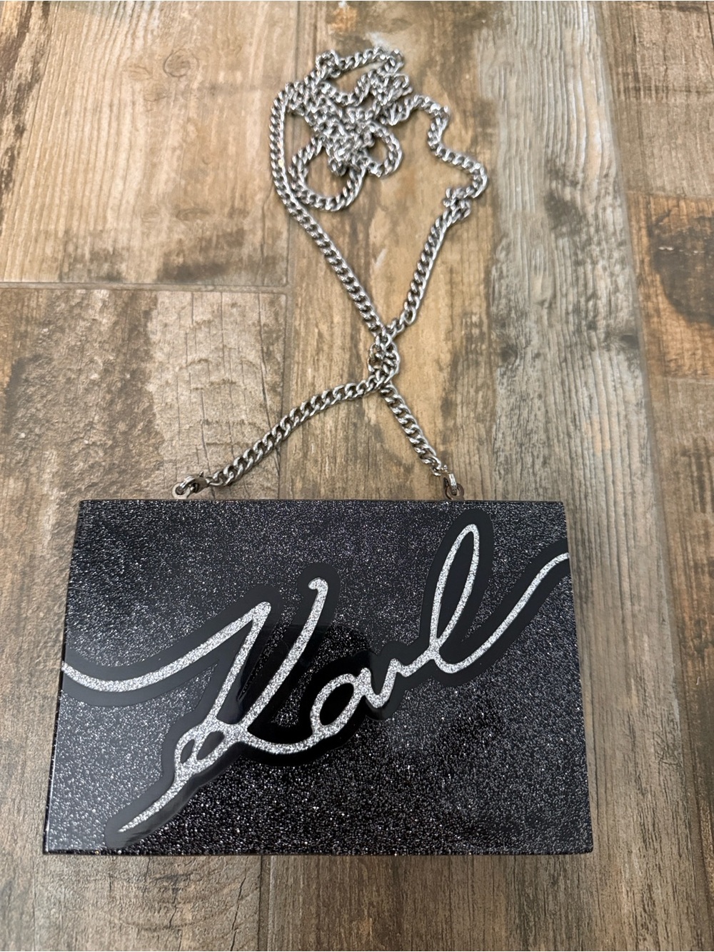 Karl Lagerfeld Signature Glitter Box Clutch in Black
